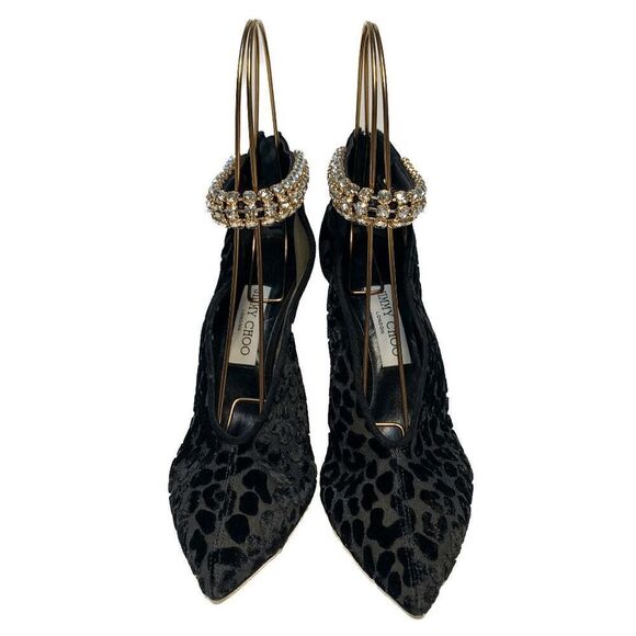 Jimmy Choo Leopard Velvet Lux 100 Vamp Heel Crystal Embellished Strap EU 38.5 - Picture 3 of 12